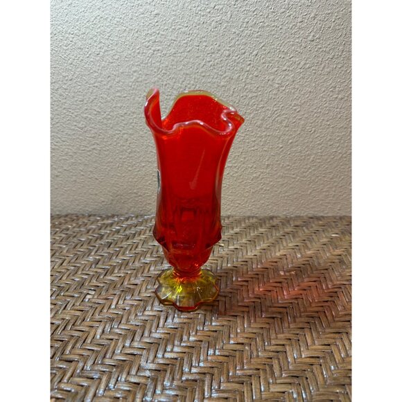 Vintage Fenton Handmade Orange Glass Vase  Ruffled Edge & Pedestal Base - Picture 2 of 7